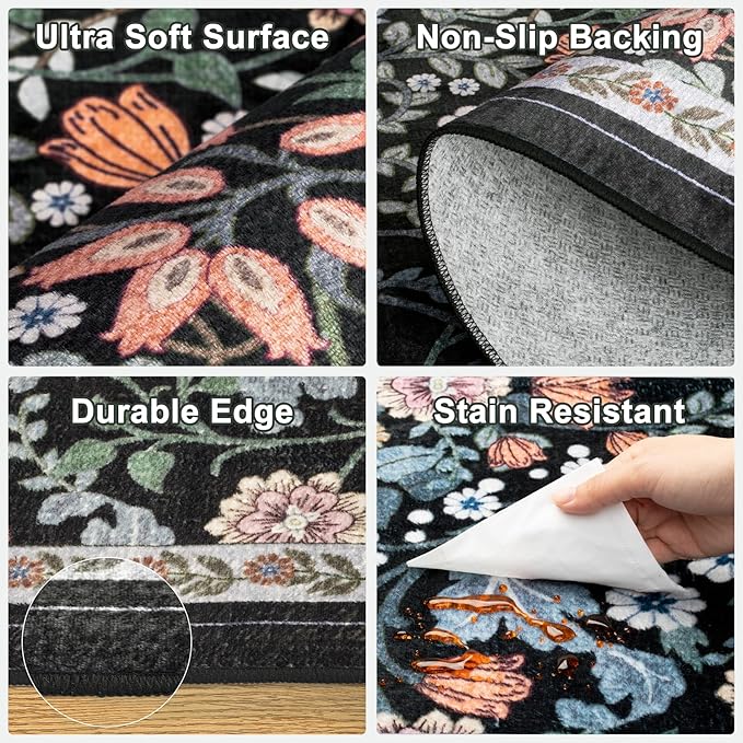 Runner Rug for Entryway: 2.6x14 Kitchen Rugs Non Slip Washable Ultra-Thin Soft Floral Carpet Indoor Floor Stain Resistant Carpets for Hallway Bedroom Kitchen Laundry Bathroom Dorm Dark Black