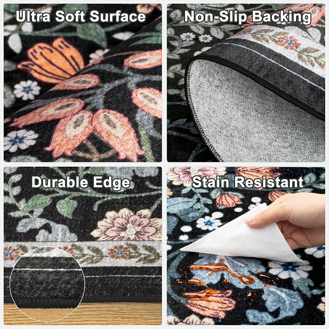 Round Area Rug for Living Room: 4 ft Floral Washable Circle Rug Soft Boho Non-Slip Carpet Indoor Stain Resistant Low Pile Small Circular Rug for Bedroom Entryway Kitchen Nursery Home Office Dark Black