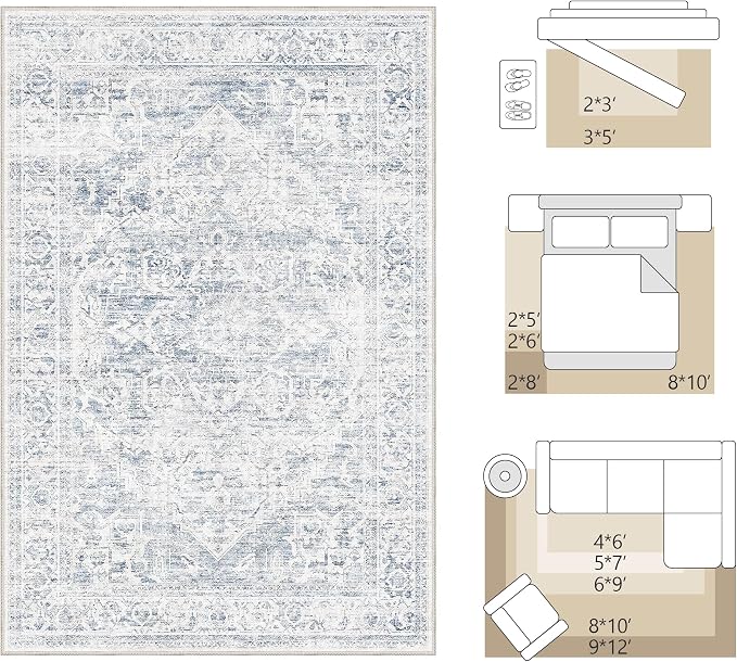 FMFUNCTEX 6x9 Washable Area Rug Blue Neutral Vintage Distressed Oriental Large Non Slip Carpet for Living Room Bedroom Soft Low Pile Indoor Mat Retro Throw Rug for Dining Room Kitchen Office Nursery