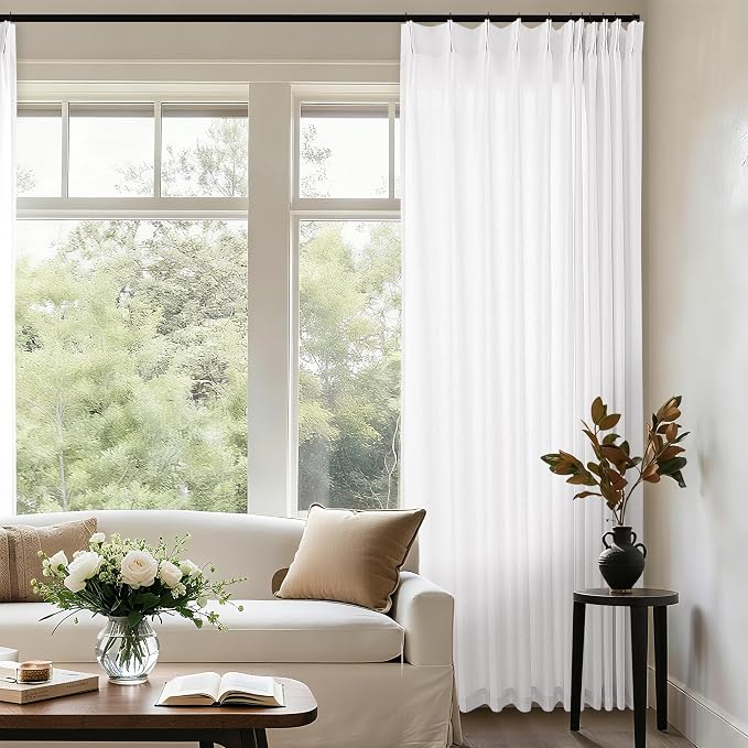 Pinch Pleat Extra Wide 72 x 108 Inch Linen Curtains Semi Sheer Ivory | Cream Off White, Big Curtains, for Living Room Divider Patio Sliding Door, Pleated Drapes, with Hooks Rings, 108 Inch Length