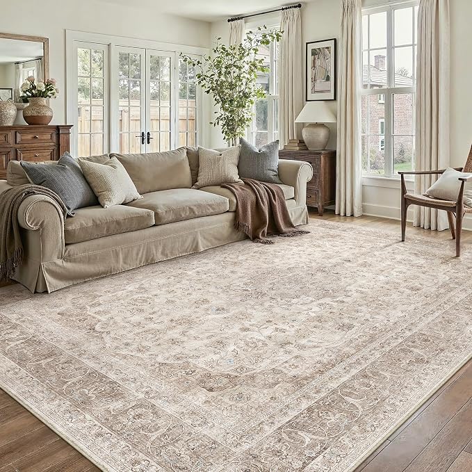 PureCozy 5x7 Area Rug Washable Beige Vintage Traditional Oriental | Non Slip, Soft Low Pile, Indoor Carpet for Bedroom, Living Room, Dining Room, Distressed Retro Decor