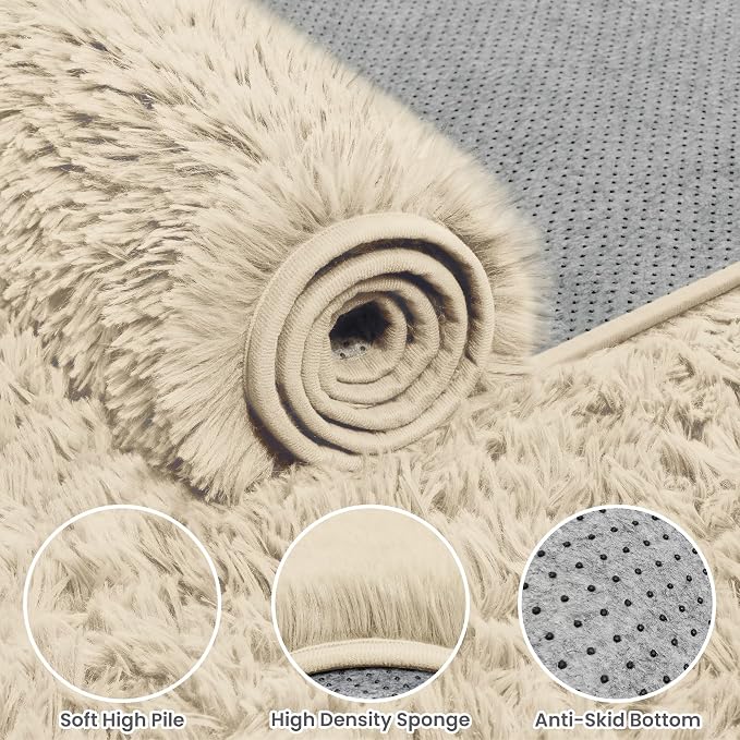2x6 Bedside Area Rugs for Bedroom: Soft Fluffy Shag Beige Rug for Hallway, Non-Slip Fuzzy Plush Living Room Rug Indoor Floor Carpet for Kids Rooms, Dorm, Nursery, Modern Home Aesthetic Decor