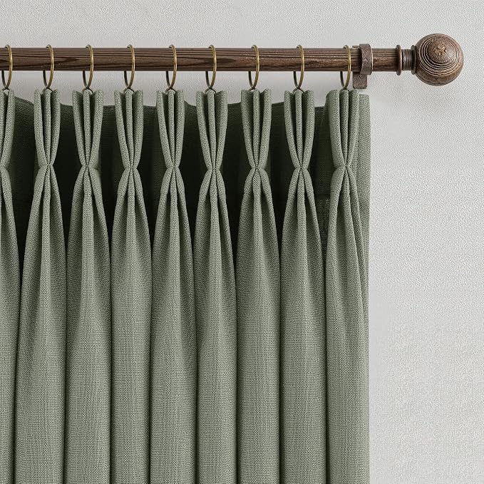 90 Inch Triple Pinch Pleated Linen Curtains 2 Panel Set for Living Room Sage Green Linen Textured Drapes 90 Inches Long Pinch Pleat Curtain Privacy Semi Sheer Light Filtering for Dining Room Office