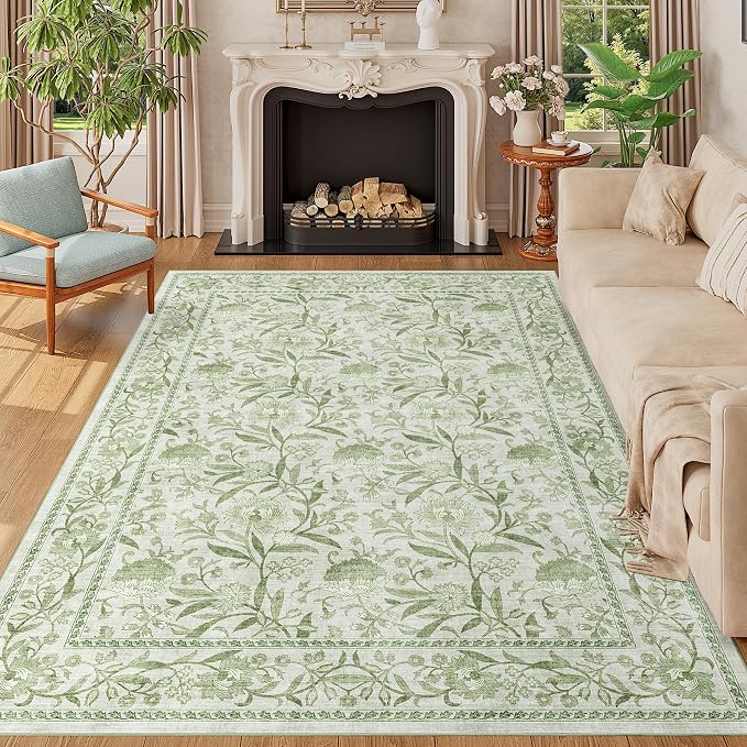 DUKINO 5x7 Area Rug, Vintage Floral Washable Rug for Living Room Sage Green | Non Slip, Low Pile, Non-Shedding, Stain Resistant Lightweight Boho Soft Carpet for Bedroom Home Office Dining Room Farmhouse