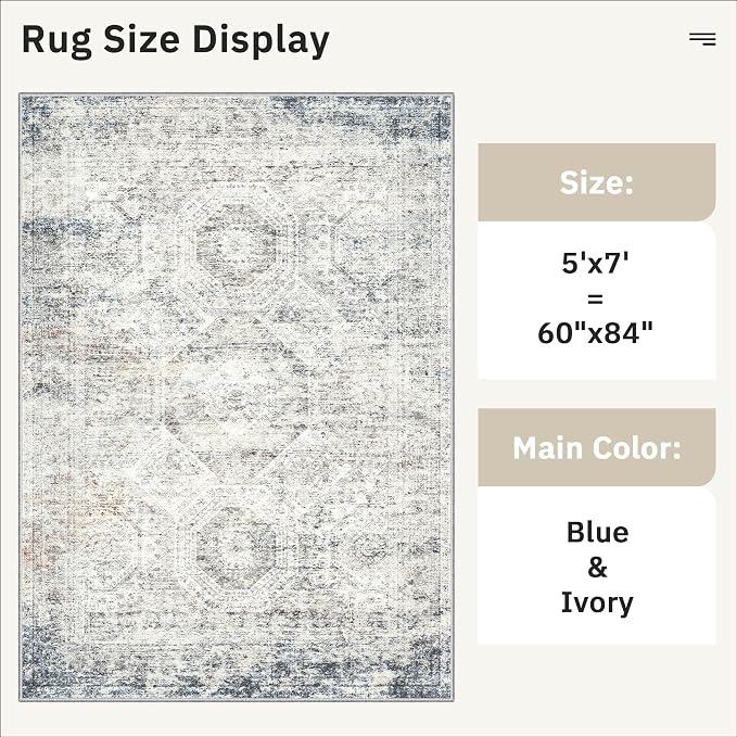 Soalmost 5x7 Area Rugs Blue Ivory Low Pile Indoor Washable Trendy Faded Style Rugs for Bedroom Living Room Dining Room Foldable Non-Slip Thin Print Mat