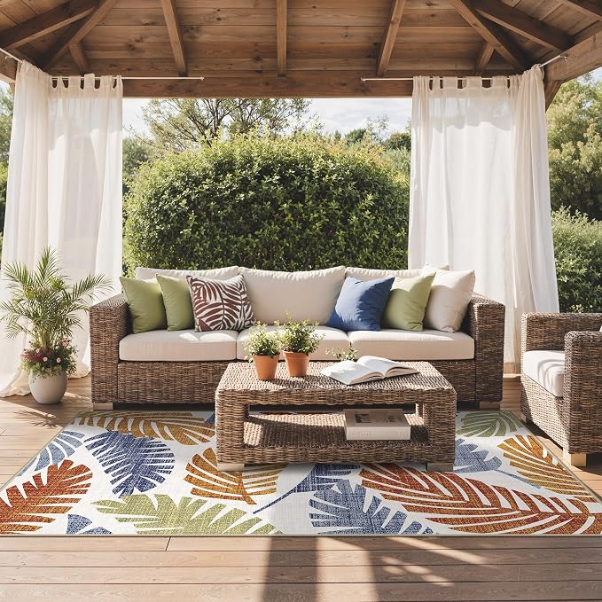 GENIMO 5x8 Outdoor Rug, Washable for Patio and Deck, Leaf Rust Navy | Botanical leaf design for porch; fade resistant chenille with quick-dry non-slip backing for indoor sunroom.