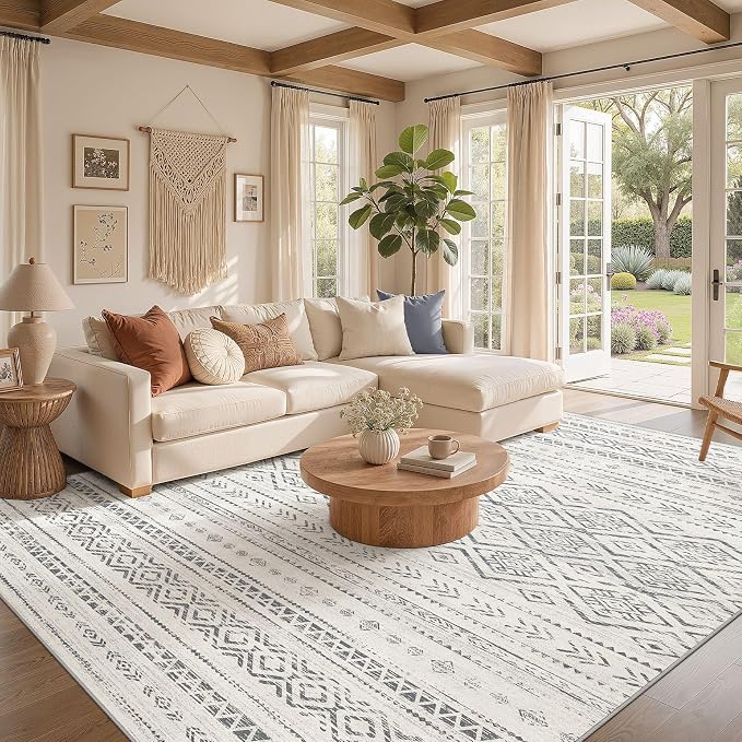 Nakagishi Area Rug Living Room Rugs: 5x7 Large Soft Machine Washable Boho Moroccan FarmNeutral Stain Resistant Indoor Floor Carpet for Bedroom Under Dining Table Home Office Decor-Grey