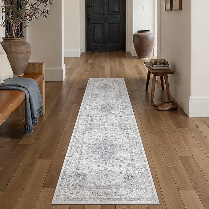 HUGEAR 2x8 Runner Rugs Machine Washable Vintage Blue Hallway Rug Soft Area Rug Carpet Non-Shedding Non-Slip Low Pile for Bedroom Kitchen Retro Aesthetic Modern Decor