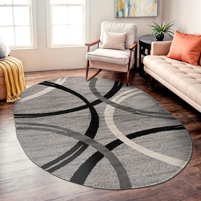 Rugshop Wavy Circles Non-Shedding Living Room Bedroom Oval Rug Gray 5' x 7'