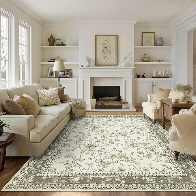 Large Neutral Beige Area Rug 10x12 for Living Room Earth Tone Cream Taupe Tan Pattern Modern Boho for Bedroom Soft Vintage Area Rug Farmhouse Floral Carpet for Dining Room Guest Bedroom Home Decor