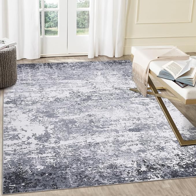 ROYHOME Area Rug 4x6 Stain Resistant Modern Abstract Rugs, Light Grey | Ultra Soft Indoor Floor Cover Accent Rug Low Pile Machine Washable Thin Rug for Living Room Bedroom Dining Room