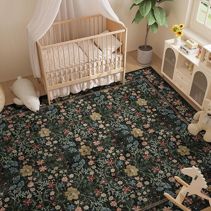 DUKINO 9x12 Area Rug for Living Room, Vintage Floral Washable Rugs, Black | Non Slip, Low Pile, Non-Shedding, Stain Resistant, Aesthetic Soft Indoor Large Carpet for Bedroom, Dining Room, Farmhouse