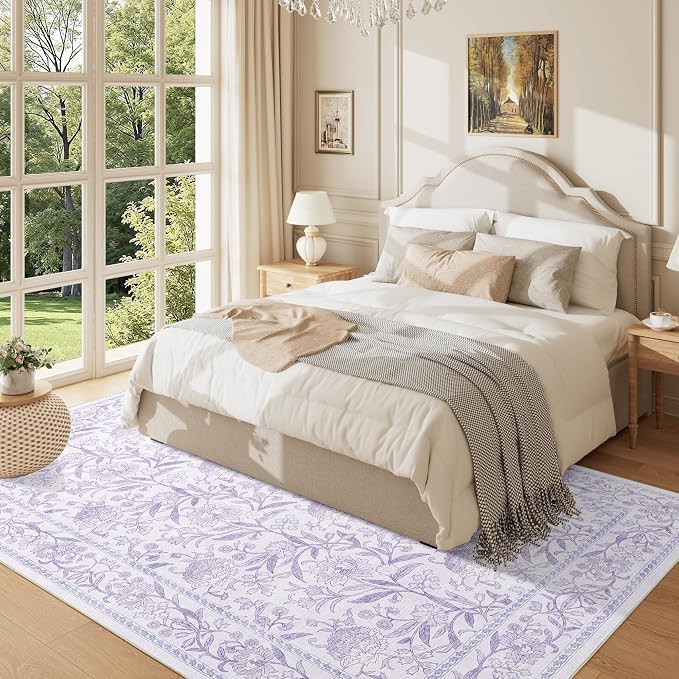 DUKINO 5x7 Area Rugs, Vintage Floral Washable Rug for Living Room, Purple | Non Slip, Low Pile, Non-Shedding, Stain Resistant Lightweight Boho Soft Carpet for Bedroom Home Office Dining Room Farmhouse