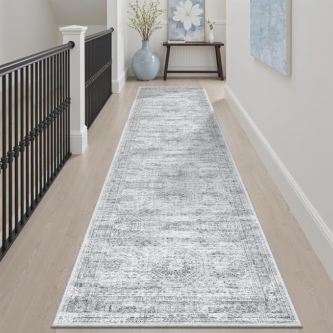 Soalmost Runner Rug 2'x8' Washable Non-Slip Runner Rugs for Kitchen Bathroom Laundry Room Grey Vintage Floor Carpet Runners for Hallway Entryway