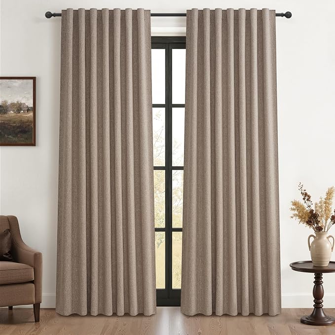 QJmydeco 70 Inch Extra Wide Dark Flax Blackout 84 Inches Long Linen Dining Room/Bedroom Curtains,Winter Pleated Room Darkening Heavy Curtain Boho Thermal Insulated Drapes (70" Wx84 Lx2Panels&Hooks)