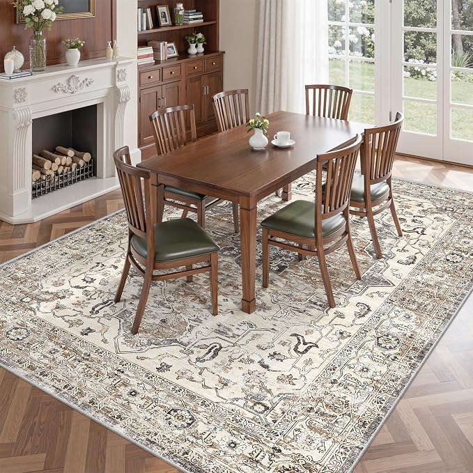 befbee 5x7 Area Rugs for Living Room, Stain Resistant Neutral Washable Rugs for Dining Room, Floral Vintage Non-Slip Thin Large Size Area Rug (Brown/Grey)
