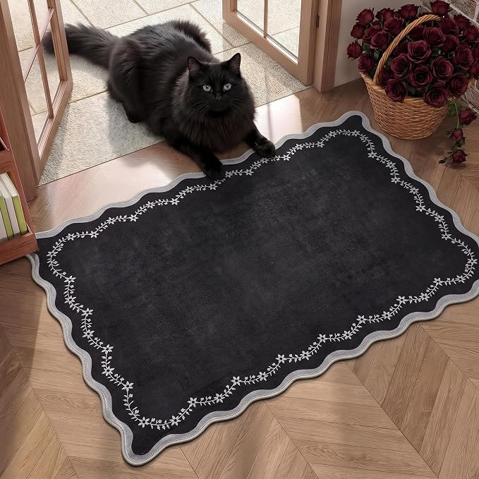 GarveeHome Scalloped Entryway Rug 2x3 Black Washable Front Door Entry Rug | Indoor Entrance Carpet Non-Slip Low Pile Throw Rugs for Kitchen Floor, Powder Room, Entry, Bathroom, Kids Room