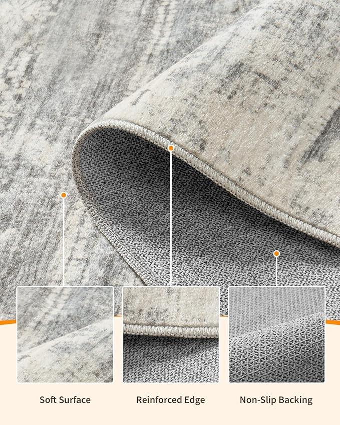 9x12 Area Rug for Living Room - Stain Resistant Machine Washable Non-Shedding Modern Abstract Rug, Soft Thin Indoor No Slip Carpet for Bedroom, Dining Table, Home Office - Charcoal Grey (9'x12')