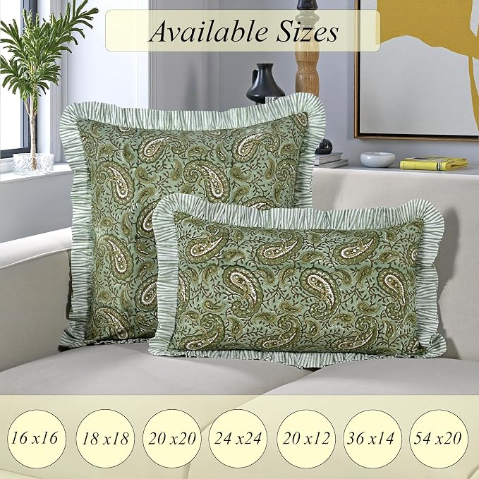 Ridhi Nostalgic Naturals Block Print Ruffle Throw Pillow Cover 16" x 16" (Pack of 2) Decorative Cushion Covers with Ruffle for Couch, Sofa, Bed, Living Room, Home Decor Gift for Spring, Mother's Day