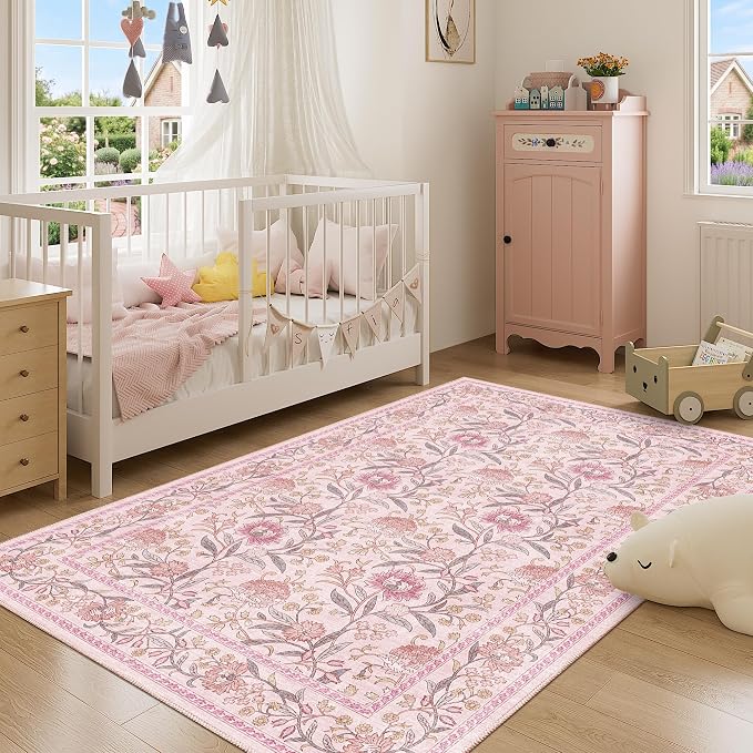 DUKINO 4x6 Area Rug, Washable Vintage Floral Rug for Living Room, Pink | Non Slip, Low Pile, Stain Resistant Boho Lightweight Soft Indoor Carpet for Bedroom Office Dining Room Entryway Farmhouse