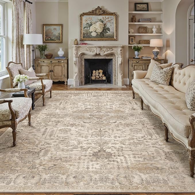 HUGEAR 8x10 Area Rug Beige Machine Washable Rug Room Decor Distressed Vintage Living Room Rugs Non Slip Low Pile Soft Carpet for Bedroom Dining Room Office Soft Lightweight