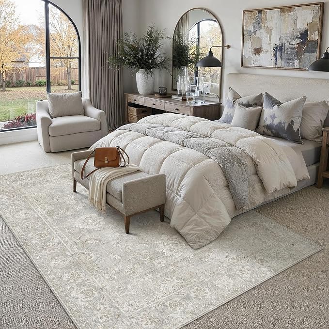 5x7 Grey Washable Area Rug for Living Room Bedroom Neutral Floral Soft Non Slip Rug Low Pile Distressed Carpet for Dining Room Nursery Office Indoor