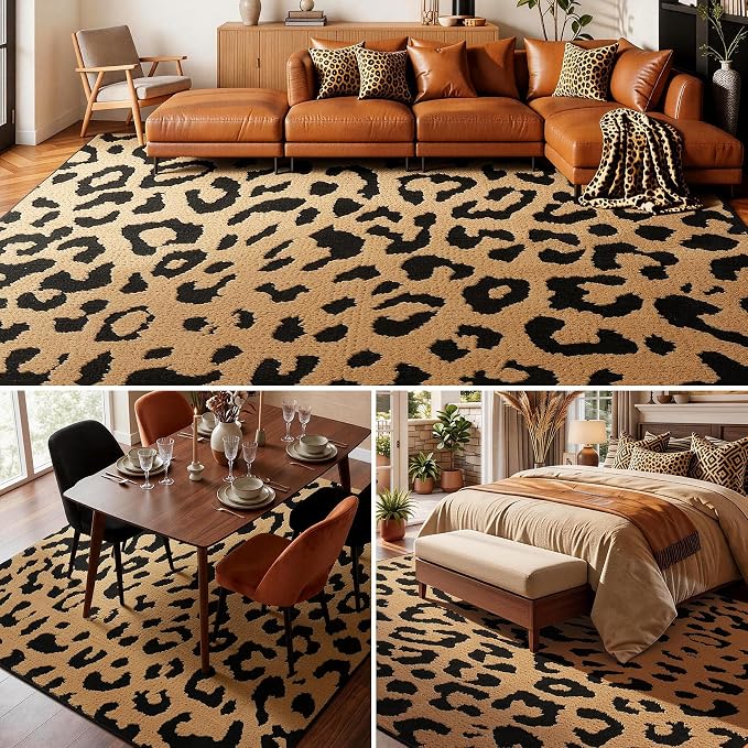 YIHOUSE 8×10 Ft Leopard Area Rugs, Washable High-Low Pile Plush Soft Rug, Non-Slip Non-Shedding Animal Cheetah Carpet for Living Room, Bedroom, Dining Room, Nursery, Home Decor