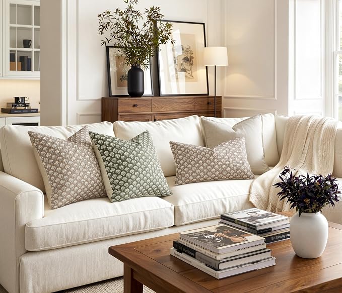 MIULEE Set of 2 Decorative Floral Lumbar Pillow Covers Neutral Vintage Throw Pillows Block Print Boho Farmhouse Cushion Covers for Modern Home Decor Couch Sofa Bed Living Room, 12x20 Inch, Light Taupe