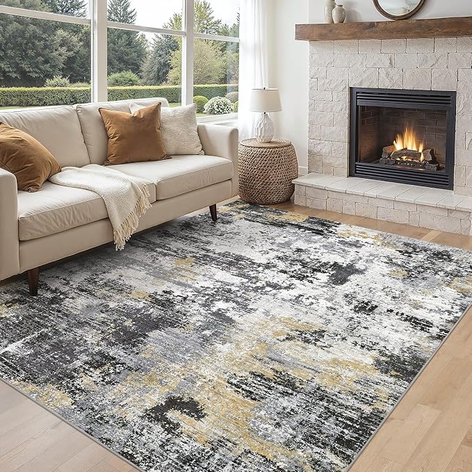 UERMEI 6x9 Area Rug for Living Room - Washable Neutral Modern Abstract Carpet, Non-Slip Soft Large Indoor Floor Rugs for Bedroom Home Office & Under Dining Table Decor, Black/White/Gold