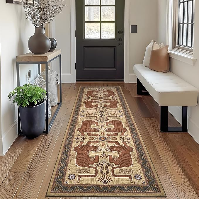 GarveeHome Tiger Print 2'6"x8' Washable Non Slip Runner Rugs for Hallways, Boho Camel Kitchen Runner Ultra Thin Soft Vintage Tribal Indoor Throw Floor Carpet for Entryway Bedroom Bathroom