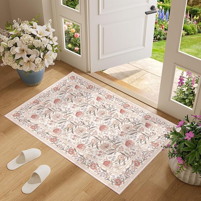 DUKINO 2x3 Rug, Washable Vintage Floral Bathroom Rugs Non Slip, Beige Pink | Low Pile, Stain Resistant Boho Soft Indoor Door Mat, Small Front Door Carpet for Entryway Kitchen Laundry Bedroom Farmhouse
