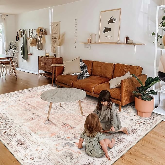 MUJOO Pink Rug Washable,6x9 Area Rugs Non Slip Low-Pile Floral Large | Machine Washable Throw Carpet for Living Room Bedroom Dining Room Boho Soft Indoor Vintage Abstract Flowers Light Blush