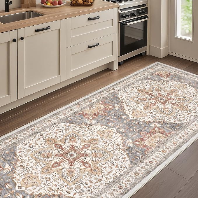 Tortania Area Rug 2x8 Runner Rugs - Washable Vintage Oriental Farmhouse Thin Indoor Carpet for Living Room Bedroom Hallway Entryway Kitchen Under Dining Table Home Office - Orange Multi