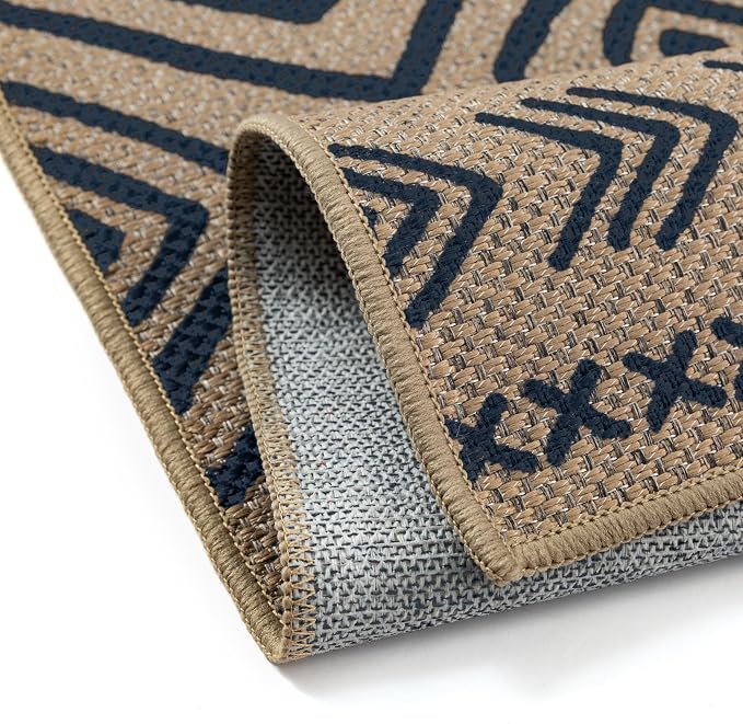 PureCozy 5x7 Easy Jute Outdoor Rug Blue Boho Indoor Outdoor Area Rug Farmhouse Patio Carpet for Backyard, Patio, Porch, Living Room， Easy-Cleaning, High Traffic, Pet-Friendly, Non-Shedding