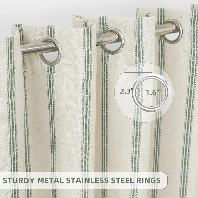 DriftAway Farmhouse Stripe Blackout Curtains, W52xL96, Loden Green | Blackout, Linen Texture, Stripe Pattern, Rod Pocket & Back Tab, Two Layers, Bedroom Living Room Use, Sound Reducing Design