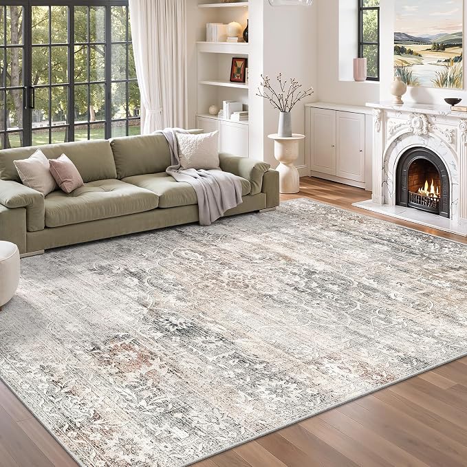 Soalmost 6x9 Area Rugs for Living Room, Washable Bedroom Soft Rug Taupe | Vintage Floral Stain Resistant Non-Slip Low Pile Throw Large Carpet for Dining Room Kitchen Home Office Nursery 6'x9'