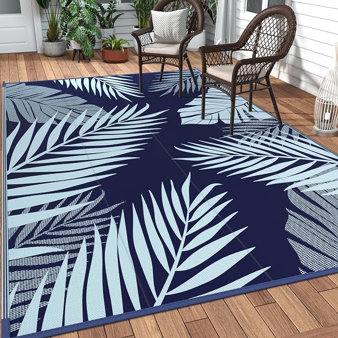 GENIMO Outdoor Rug, Waterproof Plastic Rugs for Patio, 9'x12' Blue | Outside Larger Leaf Carpet Mat for Porch Decor, Deck, Balcony, Camping, RV, Backyard, Picnic, Beach, Reversible, Foldable