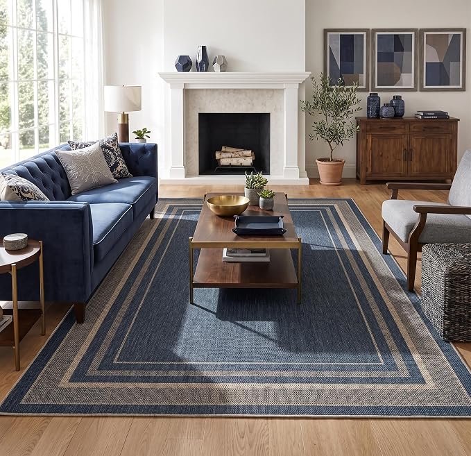 GarveeHome 5x7 Washable Rug for Bedroom Solid Easy Jute Living Room Rugs | Non Slip Modern Neutral Bordered Stain Resistant Indoor Throw Carpet for Nursery Kitchen Dining Room Entryway, Blue