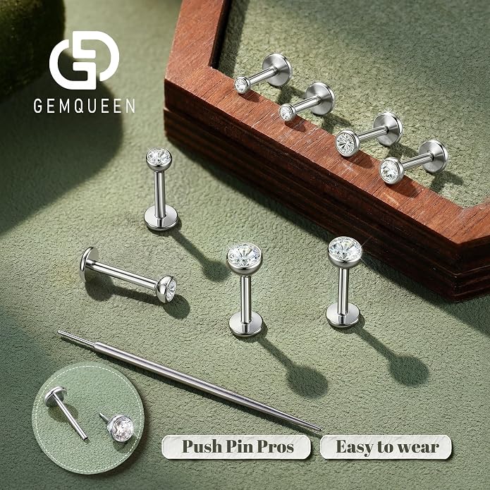 GEMQUEEN 4 Pairs 16G/18G/20G G23 Titanium Implant Grade Nose Studs Threadless Flat Back Earrings Hypoallergenic Flatback 5A CZ Cartilage Helix Tragus Conch Tiny Lip Piercing Jewelry for Women Men