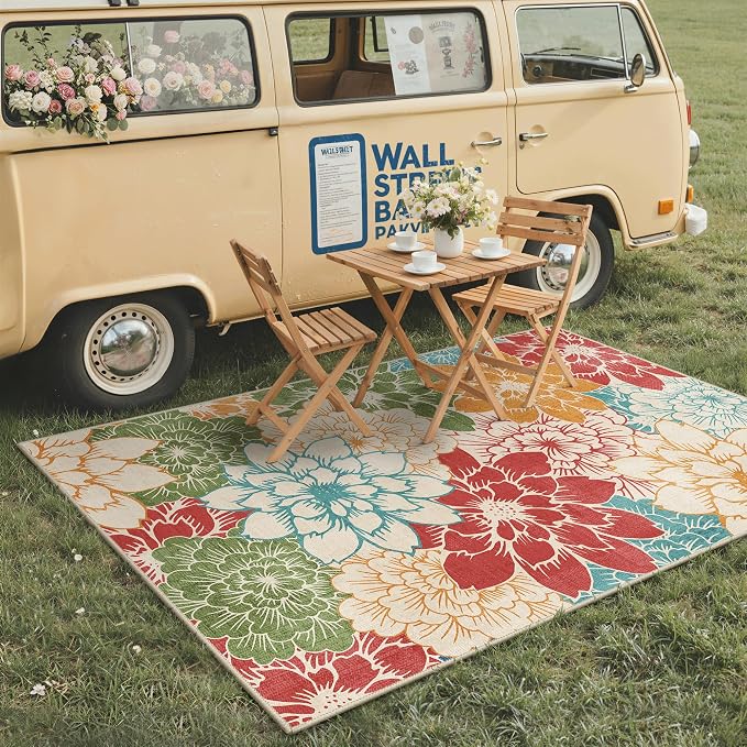 GENIMO 5x8 Outdoor Rug, Washable for Patio and Deck, Rust Teal | Floral design for porch; fade resistant chenille with quick-dry non-slip backing for indoor sunroom