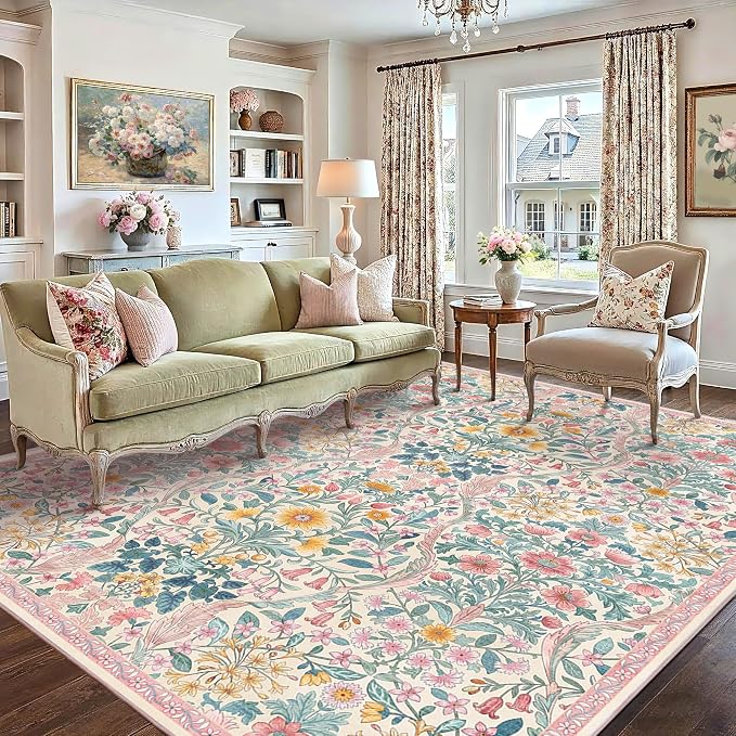 8x10 Washable Area Rug for Living Room, Large Vintage Light Pink Floral Rugs, Soft Non-Slip Stain Resistant Boho Lightweight Carpet for Girls Bedroom Dining Room Nursery Home Office