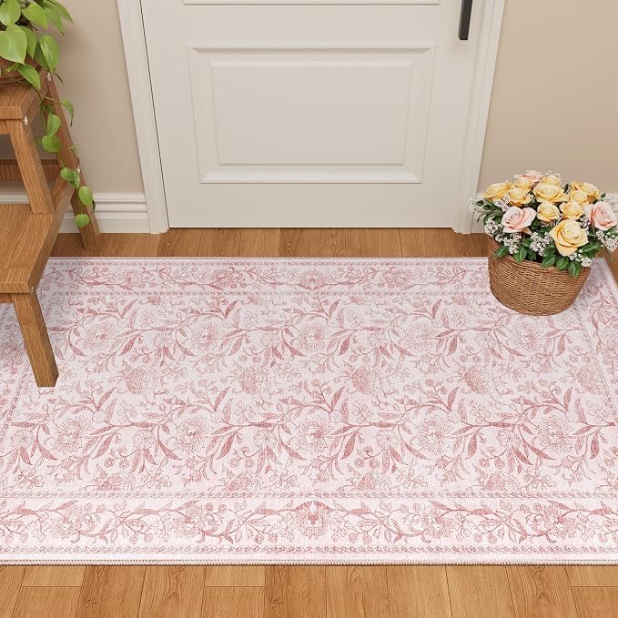 DUKINO 2x4 Rug, Washable Vintage Floral Entryway Rug Non Slip, Light Pink | Low Pile, Non-Shedding, Stain Resistant Boho Lightweight Soft Indoor Carpet for Kitchen Bathroom Hallway Laundry Farmhouse