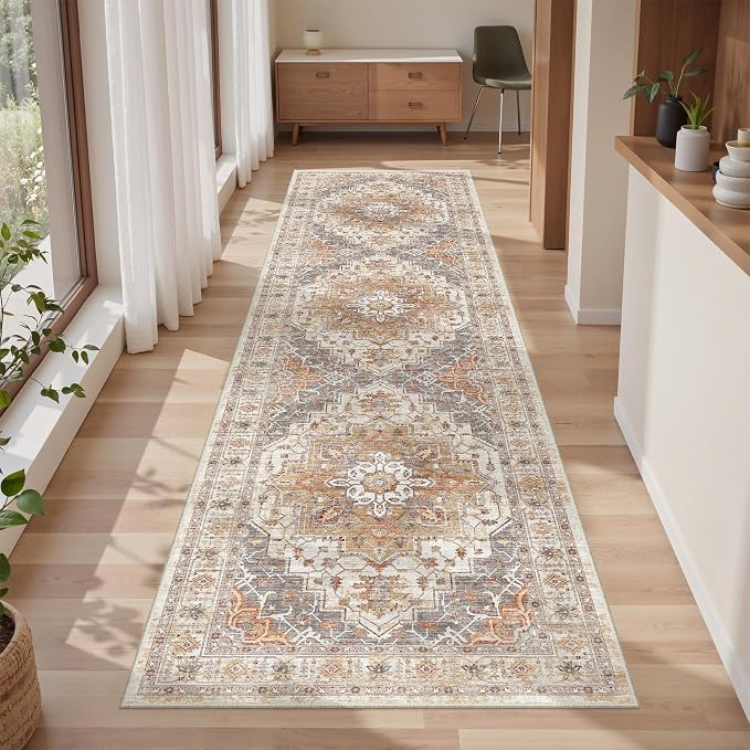befbee 2x8 Runner Rug Washable Hallway Runner Rug Ultra-Thin Soft Kitchen Rug Non Slip Indoor Floor Foldable Carpet with Low Pile for Bathroom Laundry Room Living Room Entryway(Turmeric/Grey,2'x8')