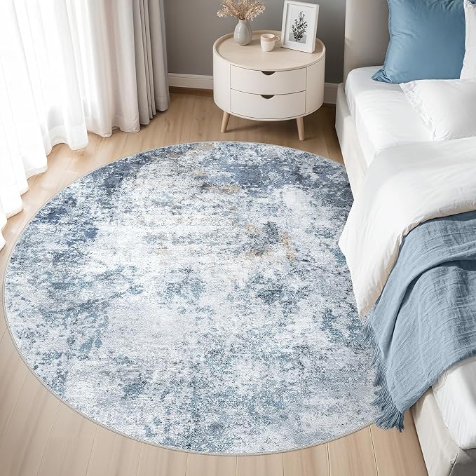 DMOYEST 5ft Round Area Rug for Living Room - 5x5 Washable & Non Slip Circle Rug, Kid & Pet Friendly Soft Low Pile Abstract Carpet for Bedroom and Dining Room - Blue