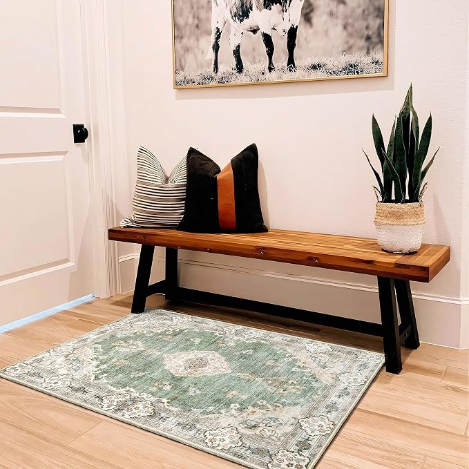 MUJOO Green Area Rug Small Washable Rugs Non Slip Low-Pile 2'x3' Flowers | Machine Washable Throw Carpet for Entryway Kitchen Bathroom Bedroom Boho Soft Indoor Vintage Floral Sage Green