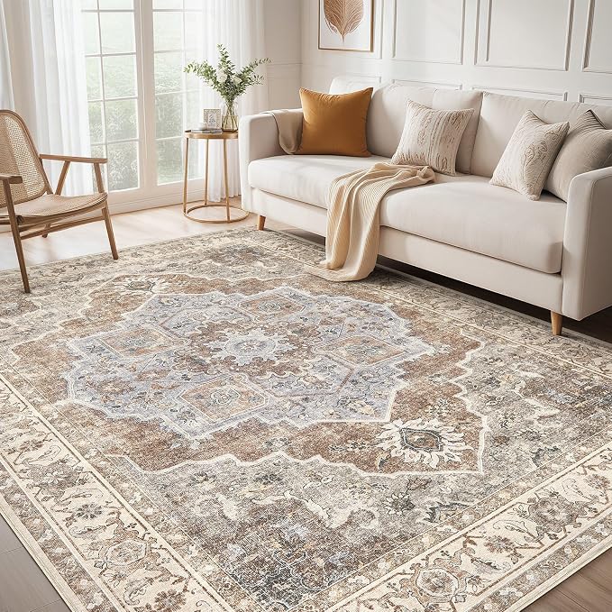 6x9 Washable Area Rug: Vintage Neutral Soft Non Slip Thin Large Floor Carpet for Living Room Bedroom Kitchen Dining Room Home Office Farmhouse Indoor - Grey Brown
