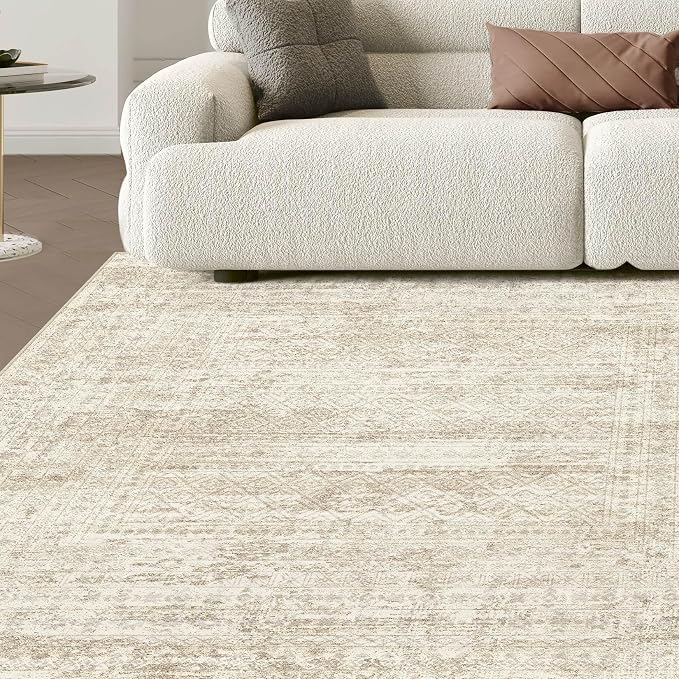 UERMEI Square Area Rugs : Washable 8x8 Neutral Modern Abstract Carpet for Living Room Bedroom - Soft Floor Mat with Non Slip Backing for Kitchen Nursery Dorms Farmhouse Home Decor - Beige/Brown