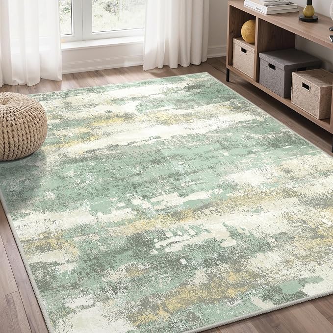 GENIMO 4x6 Rug for Entryway Washable Area Rug, Modern Abstract Small Throw Rugs for Entrance Living Room, Bedroom Beside Non-Slip Low Pile Lightweight Soft Carpet, Light Green