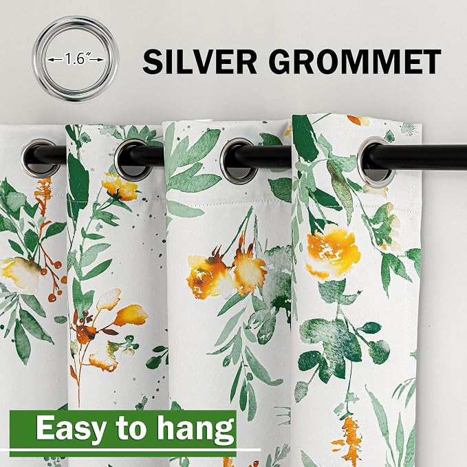 MYSKY HOME Floral Blackout Curtains 54 inch Length 2 Panels for Small Window Flower Patterned Room Darkening Light Blocking Grommet Window Drapes, 52" W Each Panel, Yellow and Green