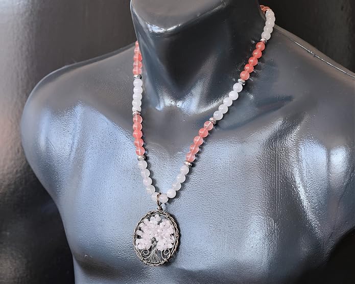 ElisaJewelryArt - Natural Amethyst Big Tree Of Life Pendant Selenite And Amethyst Stone Beaded Necklace Genuine Gemstone Healing Stone Clasp Closure Necklace Unisex Necklace